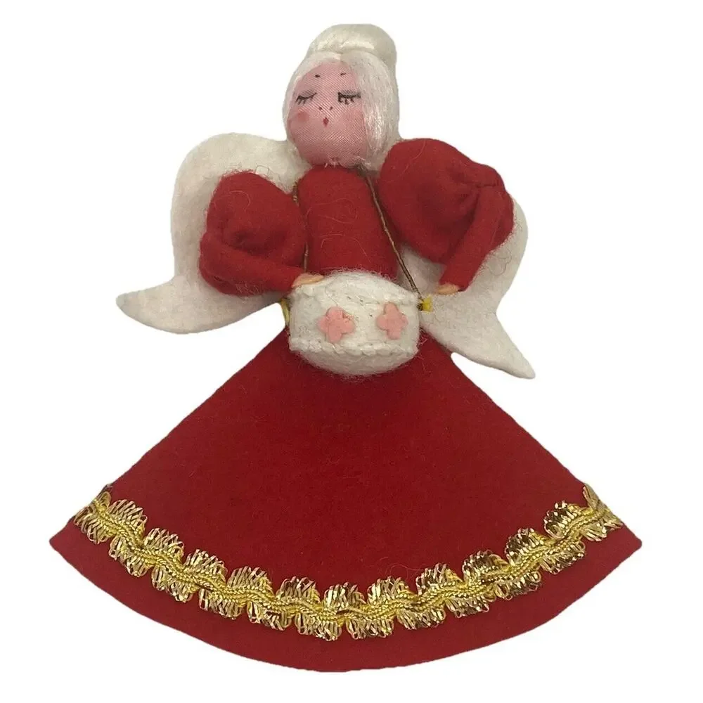 Vintage Christmas Angel 4 7/8” Figure Felt Red White Gold Wings Drum Decor